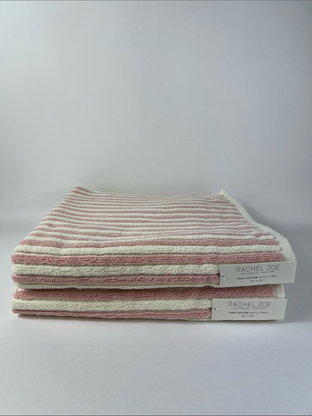 Rachel Zoe Pink and Cream Striped Cotton Bath Towels - Set of 2 NEW